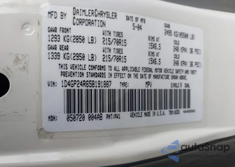 2005 Dodge Grand Caravan Se z USA, uszkodzony, nr VIN 1D4GP24R65B191887